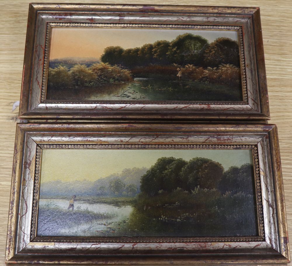 English School c.1900, pair of oils on board, Anglers in river landscapes, one indistinctly signed, 9 x 23cm